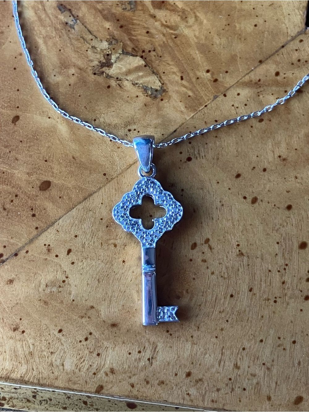 Natural White Diamond Sterling Silver Key Necklace